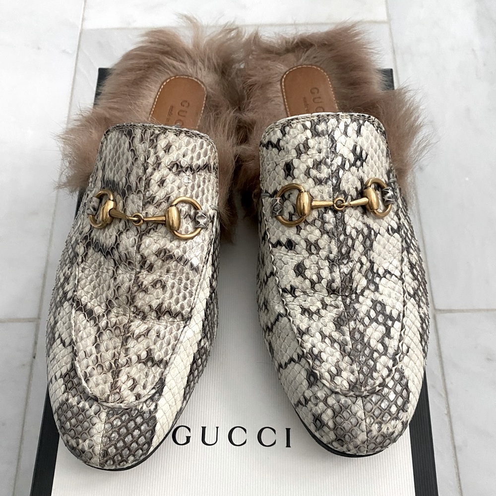 Gucci Princetown python and fur loafers